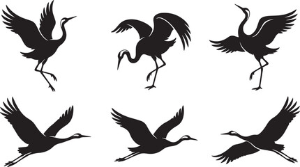 Fototapeta premium Japanese crane silhouettes set, 6 flying and standing heron bird icons, black stork vector graphics for asian zen design