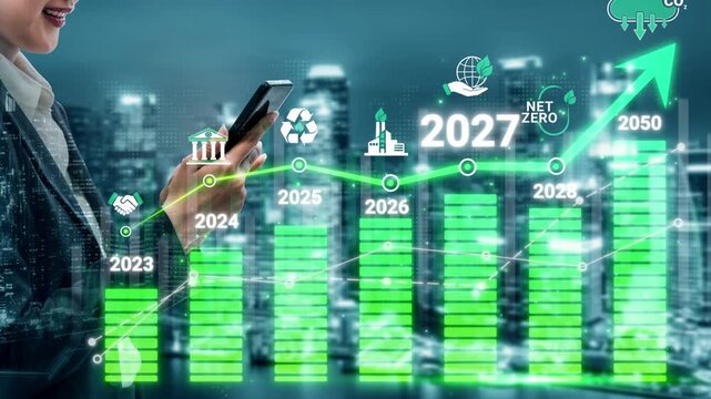 Businesswoman Using Smartphone while Analyzing Green Growth Trends and Sustainability Goals in Urban Landscape with Environmental Graphics Sigmoid