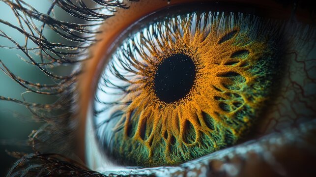 Iris fiber arrangement high resolution macro golden brown eye complex radial patterns individual fiber structures detailed texture
