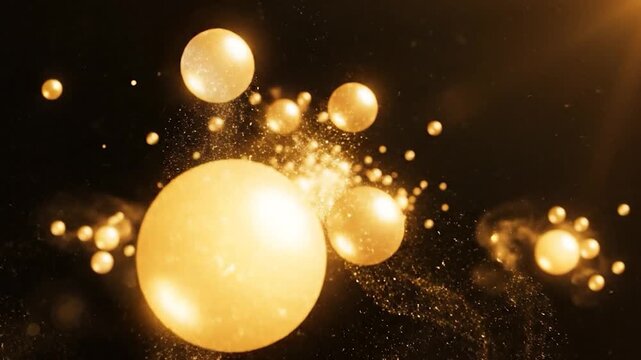 Abstract golden spheres and particles float in darkness