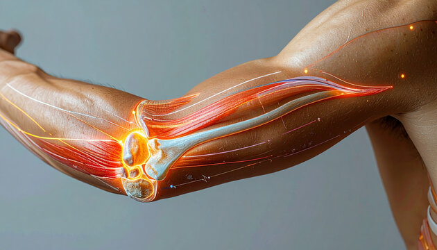 Close-up of an elbow joint  range of motion lines  medical infographic style