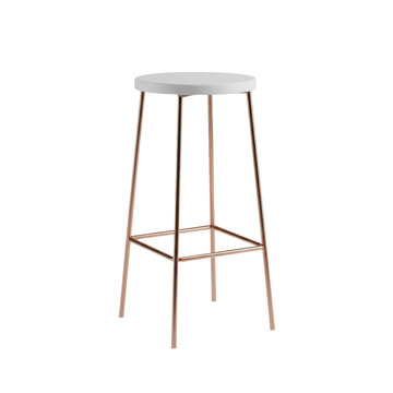 a minimalist, high-end bar stool with a circular seat and polished rose gold and copper geometric frame, isolated on a seamless transparent background, commercial elegance display