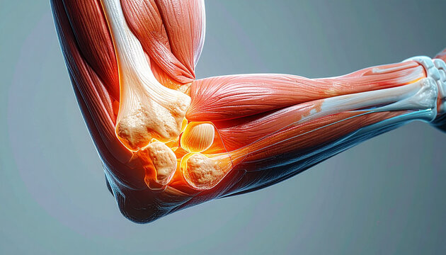 Close-up of an elbow joint  range of motion lines  medical infographic style