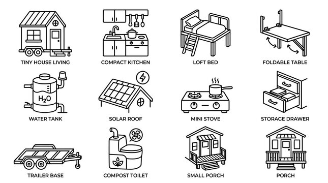 Tiny house living collection and off grid lifestyle elements for sustainable home building icons including solar roof loft bed compost toilet trailer base and compact kitchen for minimalist life.