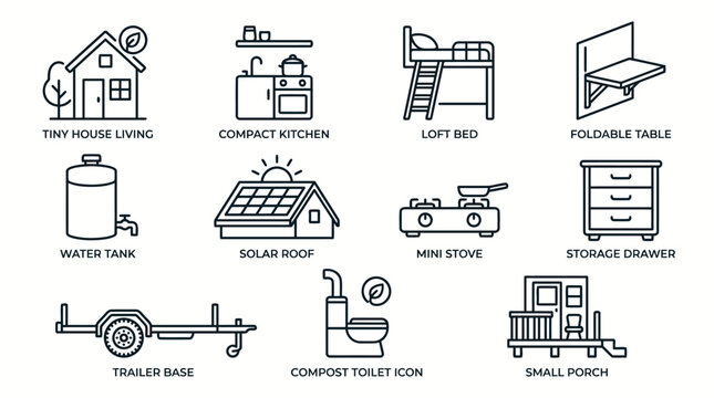 Tiny house living icons set eco friendly sustainable housing solutions minimalist design elements for small footprint dwellings solar power compact kitchen loft bed foldable table water tank.