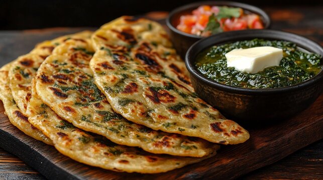 Delicious Indian Butter Naan Bread with Chutney on Wooden Board