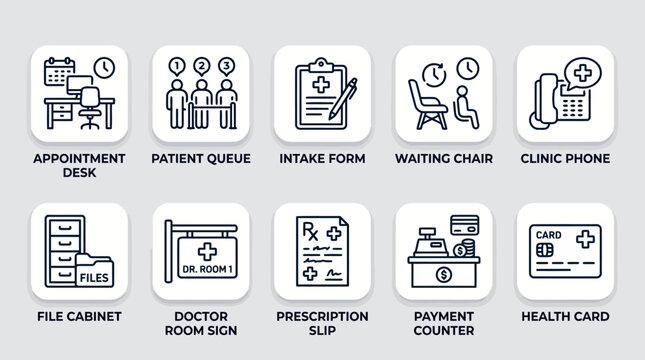 Medical clinic and healthcare reception management icons set featuring appointment desk patient queue intake form waiting chair clinic phone file cabinet doctor room sign prescription and cards.