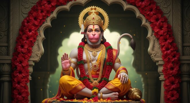 Devout Hanuman seated in temple archway with floral garlands and golden ornaments