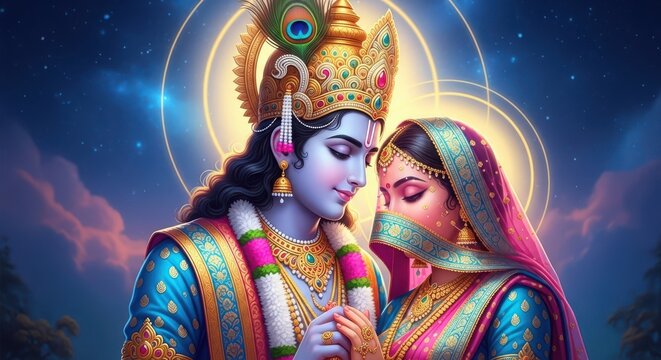 Divine couple Krishna and Radha in devotional embrace with radiant halo and celestial glow