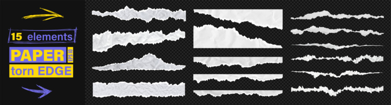Jagged torn paper rip edge effect on clean white recycled sheet. Vector illustration set of page piece blank card tag label banner divider claw line cut. Cardboard tear edge bundle clipart kit.