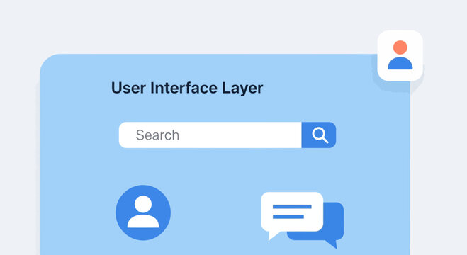 User interface elements, search bar icons, user profile, messaging symbols, blue UI kit