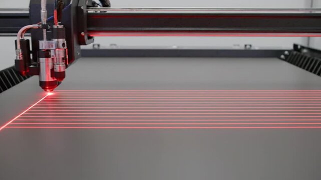 Industrial laser cutting machine engraving precise lines on dark surface
