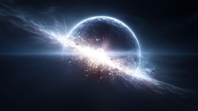 Celestial Bloom: An ethereal depiction of a cosmic event unfolds, showcasing a brilliant celestial body at the heart of an explosion, surrounded by radiating energy and celestial dust. 