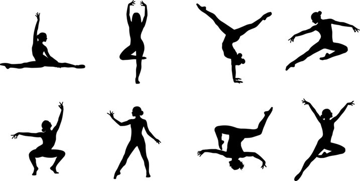 Dance and acrobatic silhouettes set featuring expressive poses including jumps splits and balance isolated on white background for performance design