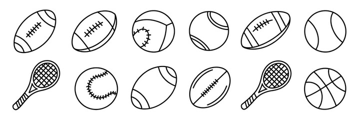 Fototapeta premium Collection of twelve sports featuring various balls and tennis rackets in black line on white ground