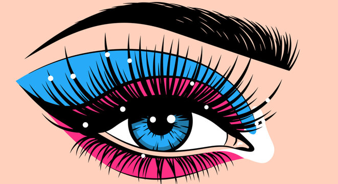 Vibrant close-up illustration of an eye with dramatic eyelash extensions, featuring bold blue and pink eyeshadow on a soft peach background