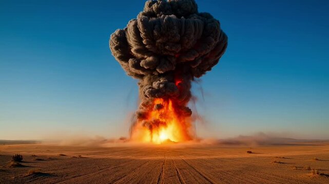 Nuclear explosion mushroom cloud rising over desert landscape