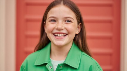 Fototapeta premium Laughing young girl with freckles in green jacket. Happy child portrait against red background. Childhood and joy concept