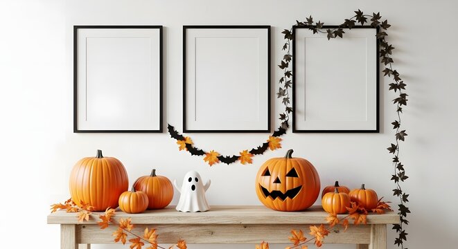 Halloween home interior decoration with three empty picture frames pumpkins and ghost figurine on wooden table