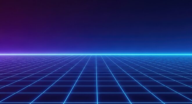Neon grid landscape with futuristic blue and purple background