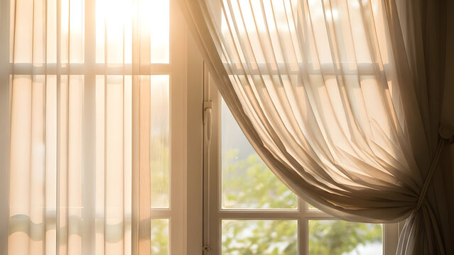 Sunlight filters through curtains and window blinds into a room.