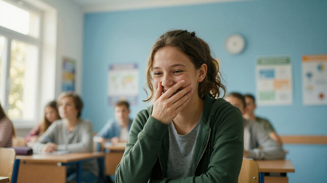 Teenage girl laughing in classroom setting. Happy high school student sitting at desk with classmates. Education and youth concept