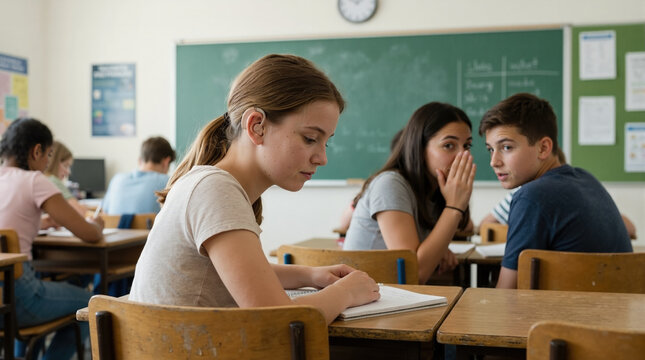 Girl with hearing aid sitting in classroom while classmates whisper behind her. Inclusion and social challenges in school. Student with disability concept