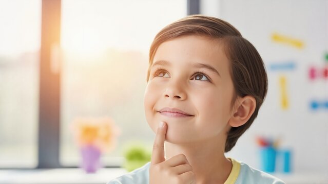 Smart young boy thinking with his finger on his chin. Curious child looking up with creative idea. Concept of childhood, learning and imagination