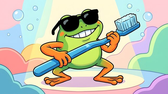Cartoon frog brushing teeth with toothbrush and toothpaste