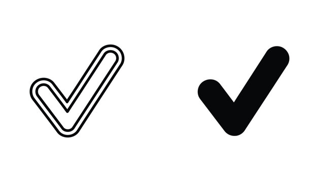 Checkmark verification icon set in clean double line art and solid black silhouette styles for UI UX design and task completion indicators