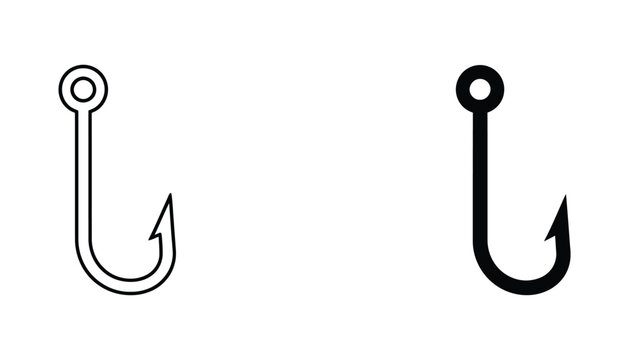 Fishing hook icon set in clean line art and solid black silhouette styles for angling sports and outdoor recreational activities vector design