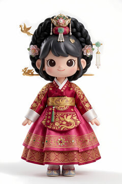 Cute 3D chibi clay illustration of a girl in traditional Korean Hanbok, Royal Hanbok with golden phoenix embroidery, South Korean culture character on white background