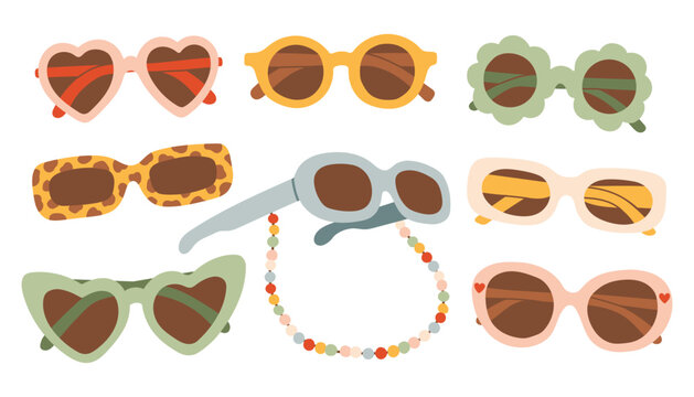 Set of hand drawn sunglasses and retro eyewear. Minimalist flat vector illustration of trendy sun glasses with heart shapes, flower frames, and beaded chain for beach fashion. Isolated on white