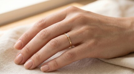 Fototapeta premium Gold diamond ring on a female finger resting on a soft beige fabric background for elegant jewelry advertising