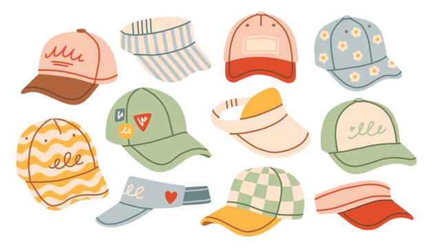 Set of hand drawn baseball caps and sun visor hats. Minimalist flat vector illustration of sporty summer headwear with checkered, striped, and floral prints for outdoor activity. Isolated on white