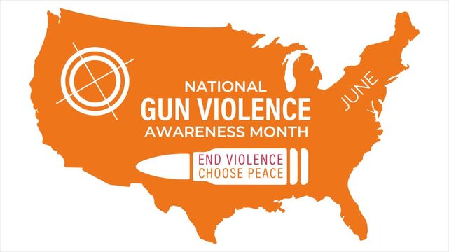 National gun violence awareness animation with stop gesture and handgun symbol.  Animation with crossed bullet prohibition sign with United States map illustration.