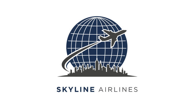 Skyline Airlines logo with airplane flying over globe and city silhouette.