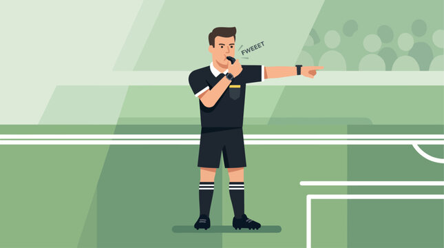 A clear flat design illustration portrays a soccer referee in action, blowing a whistle and signaling a foul on the field. 