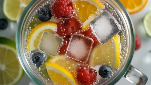 Refreshing Sparkling Fruit Infused Drink with Lemon Orange Raspberry Blueberry and Ice Cubes, Cinematic Full HD Slow Motion Loop Background
