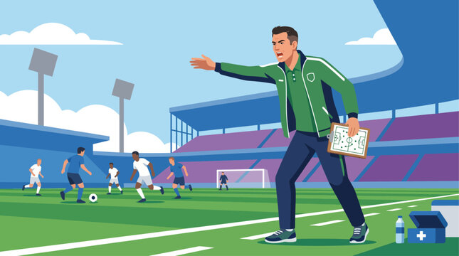A dynamic flat design illustration captures a soccer coach on the sidelines, emphatically gesturing as he provides instructions to his team. 