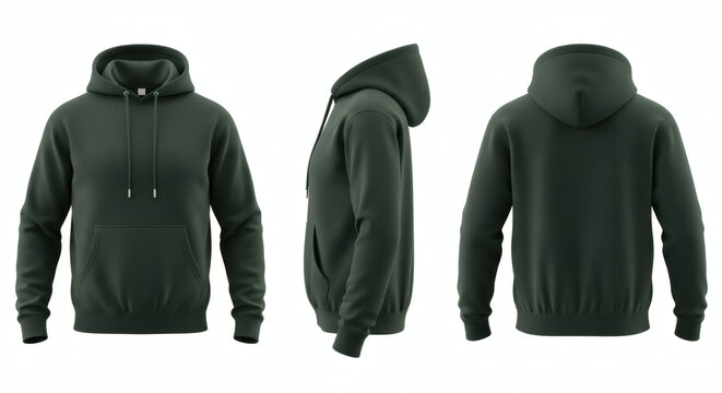 Photorealistic dark green casual unisex hoodie template presented in three distinct angles showing front side and back view perfect for showcasing apparel designs and branding&nbsp;