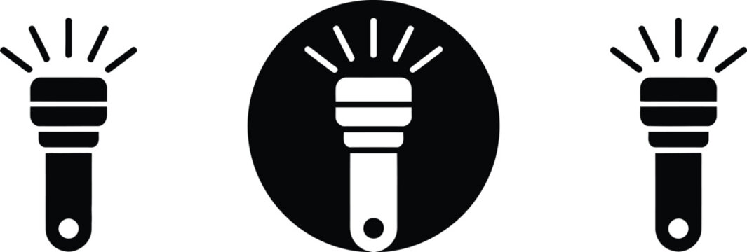 Flashlight icon set, three stylized torches showing light beams for illumination emergency equipment and night visibility design.