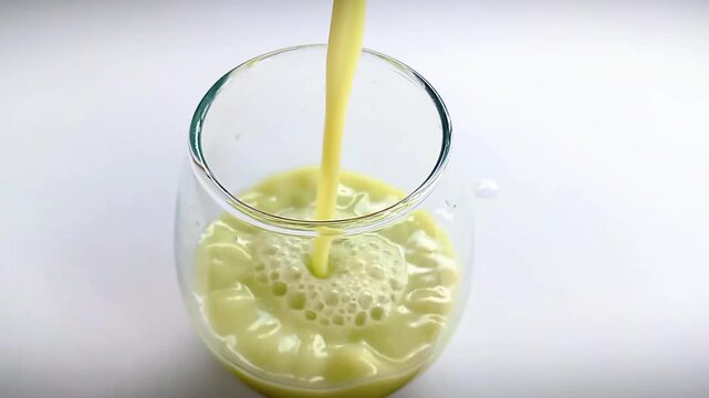 Fresh avocado juice pouring into clear glass close up