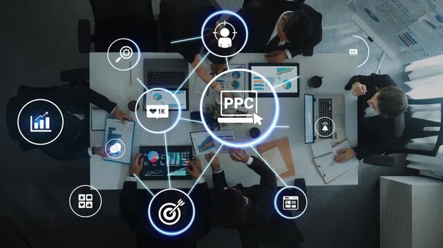 Concept of marketing online strategy using digital marketing, PPC campaigns, social media ads, and SEO analytics. Marketing online improves visibility, digital marketing drives engagement. Funnel