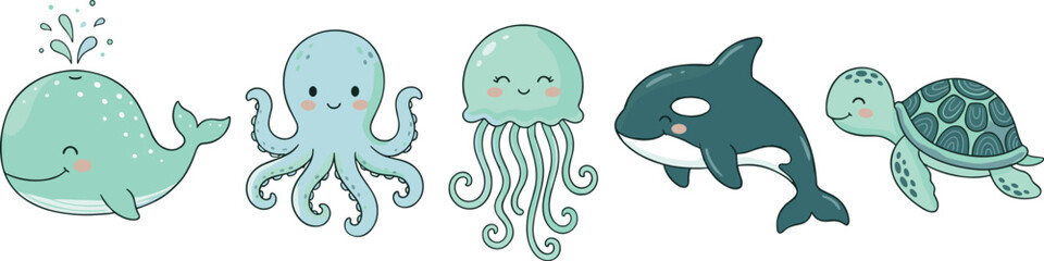 Cute Sea Animal Vector Set Featuring Kawaii Whale, Octopus, Jellyfish, Orca, and Turtle for Children’s Nursery and Stationery Design © MstSuraiya