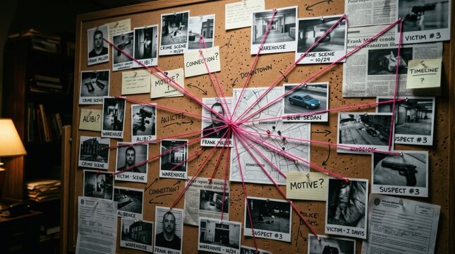 Crime investigation board with photos and red string