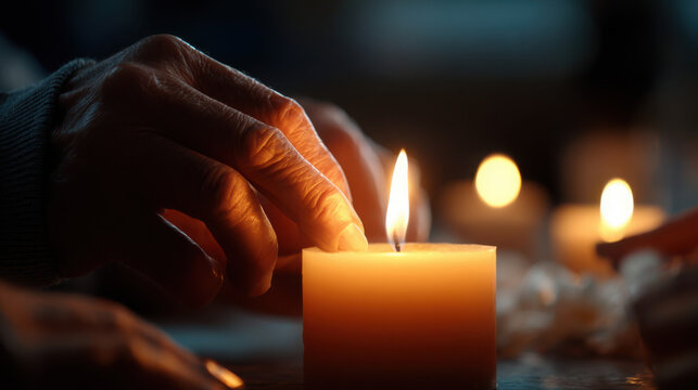 Hand lighting a candle with warm glow in a dark room with other candles