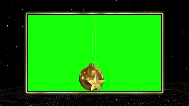 Swinging gold christmas ornaments on green screens with black starry background