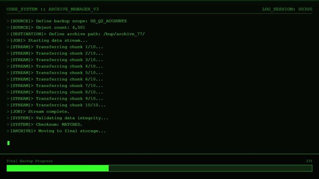 Futuristic Archive Manager HUD with Green Digital Command Line Interface and Database Backup Data Stream Monitoring Analytics Screen.