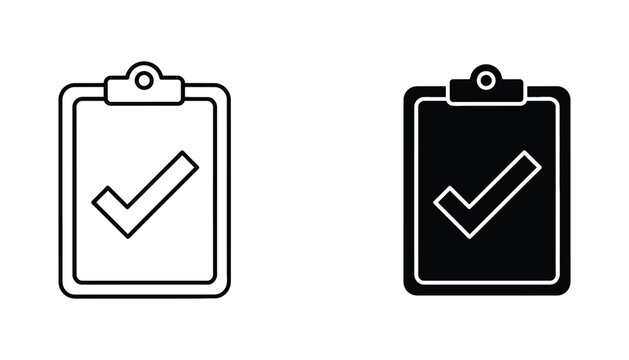 Clipboard with checkmark icon in outline and solid black silhouette styles for business and task management
